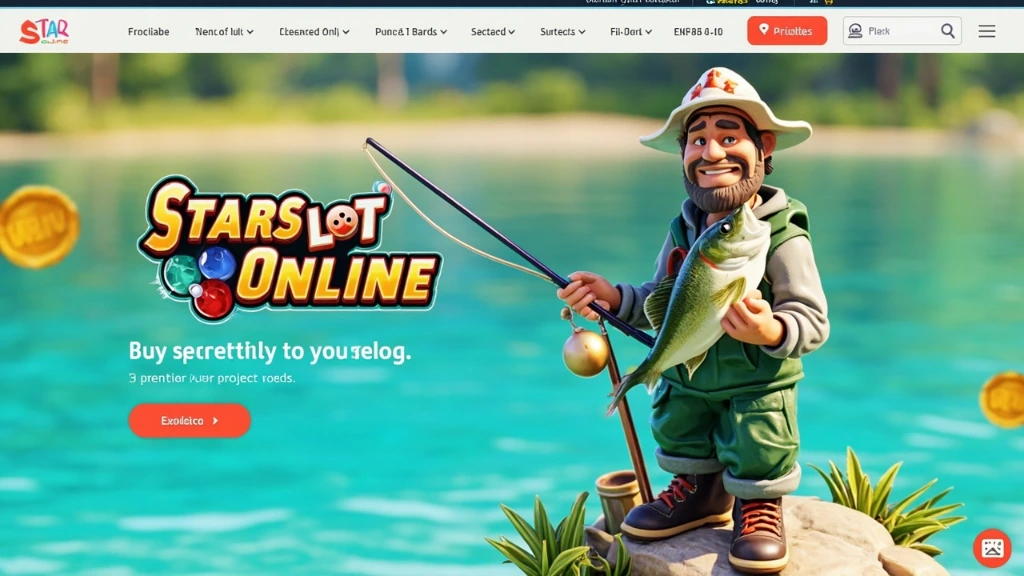Fishing-themed slot with cartoon fisherman holding a trophy bass on a bright lake